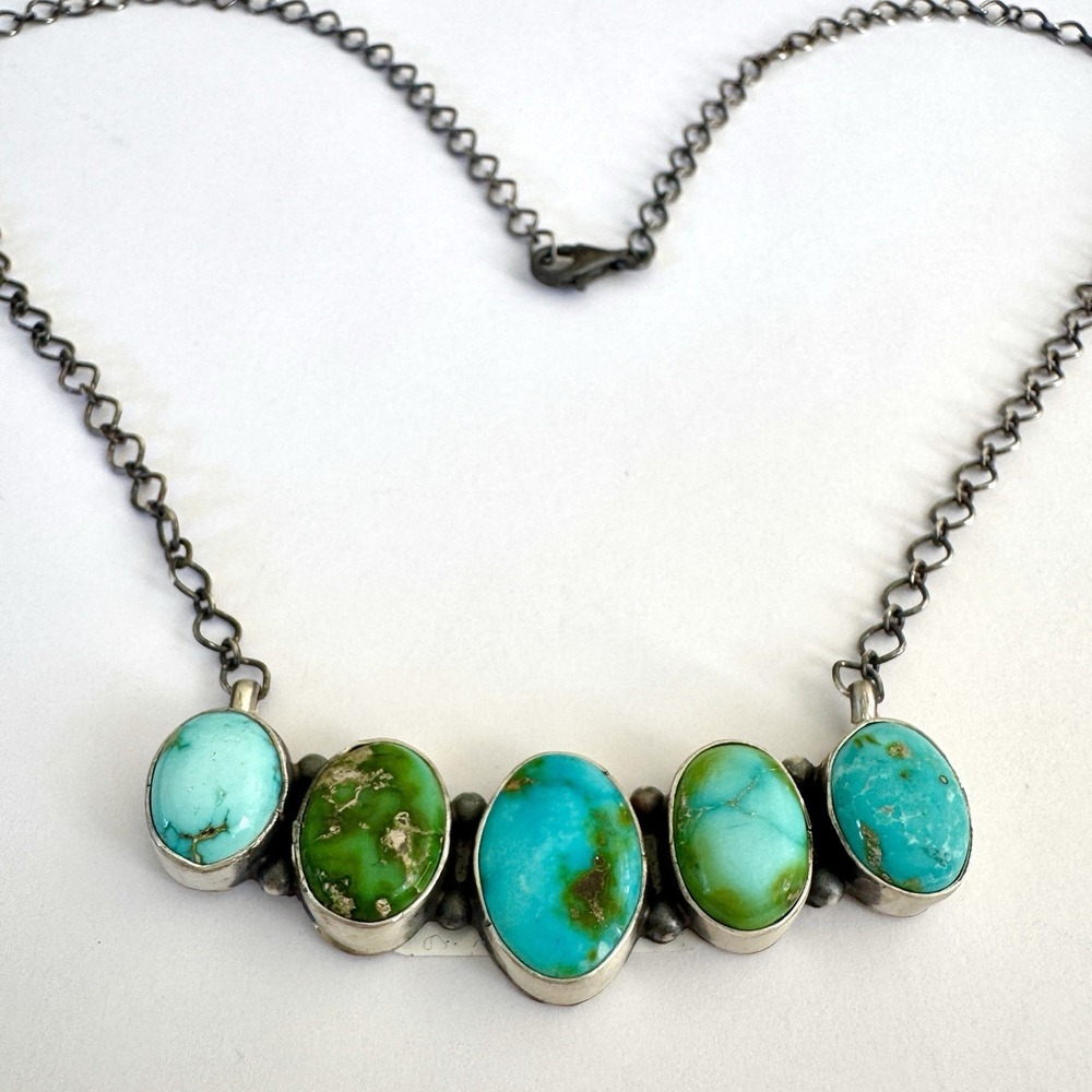 Navajo Bar Necklace Sonoran Turquoise 20" Sterling Choker Signed A‎ Mart - Picture 4 of 7